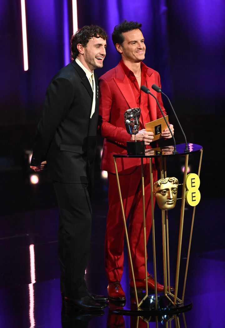 Paul Mescal and Andrew Scott on stage at the 2024 Baftas