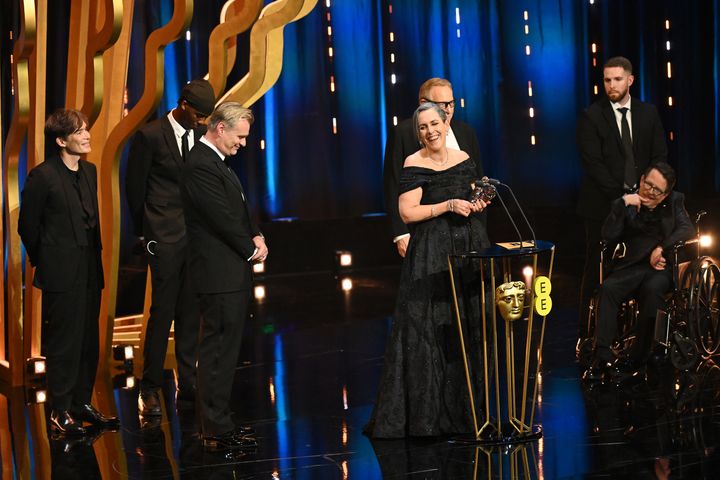 Oppenheimer producer Emma Thomas delivers her acceptance speech at the 2024 Baftas