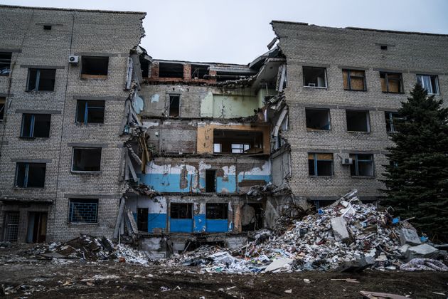 A view of the destruction of the Selydove Maternity Hospital caused by overnight shelling on February 14 in Selydove in Donetsk Oblast Region.