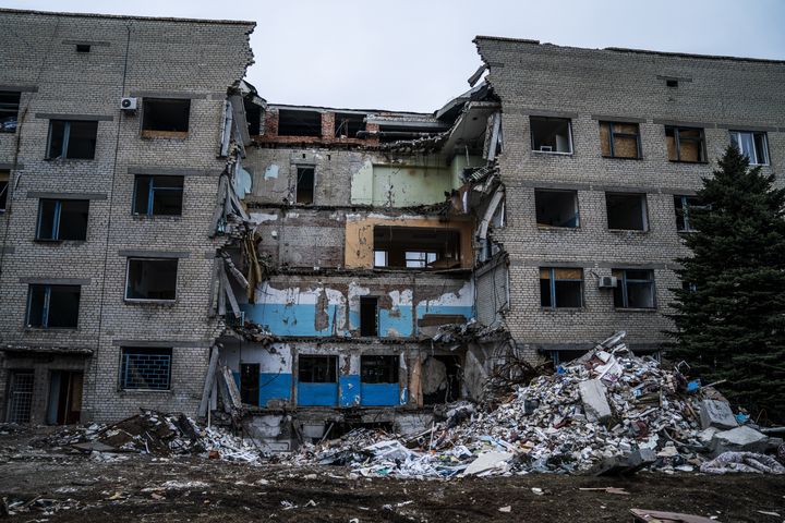 A view of the destruction of the Selydove Maternity Hospital caused by overnight shelling on February 14 in Selydove in Donetsk Oblast Region.