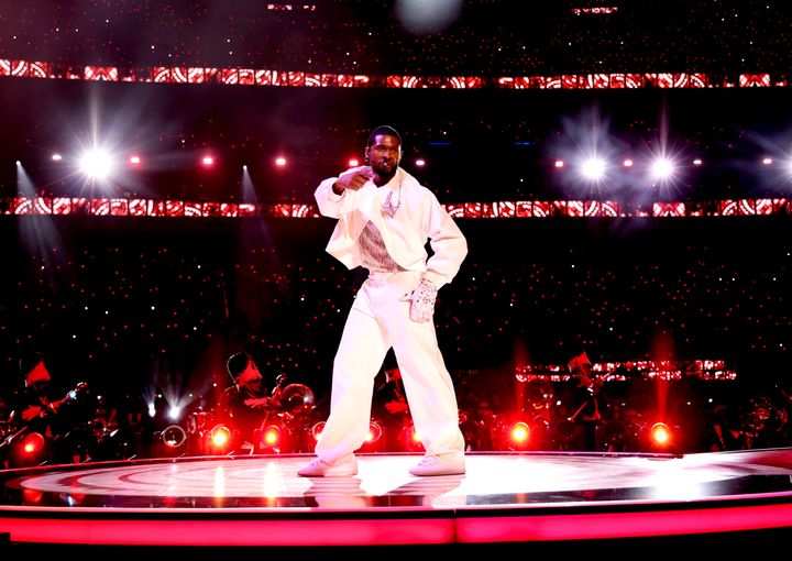 Usher on stage during the Super Bowl Halftime Show