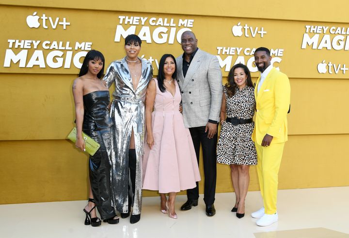 From left: Elisa Johnson, EJ Johnson, Cookie Johnson, Magic Johnson, Lisa Johnson and Andre Johnson attend the Los Angeles premiere of Apple's 