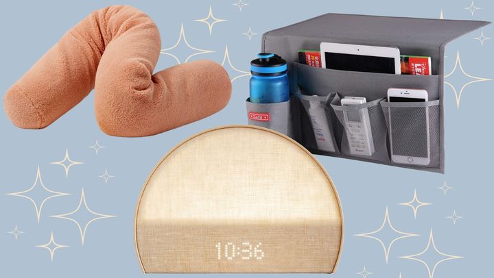The Buffy Wiggle Pillow, a bedside caddy and a Hatch sunrise alarm and sleep machine.