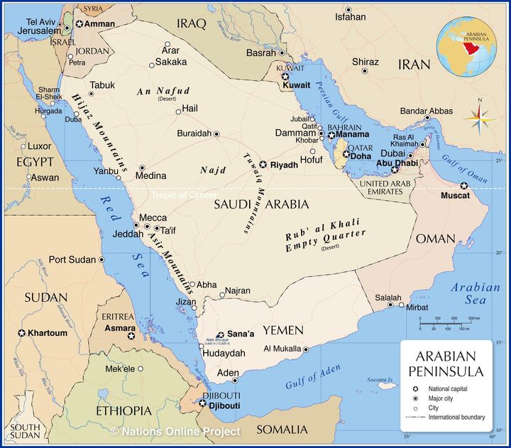 . Εικόνα 1: Η περιοχή δράσης των Χούθι Πηγή:https://www.nationsonline.org/oneworld/map/Arabia-Map.htm