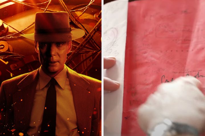 Cillian Murphy in Oppenheimer (left) and holding his script on 60 Minutes (right)