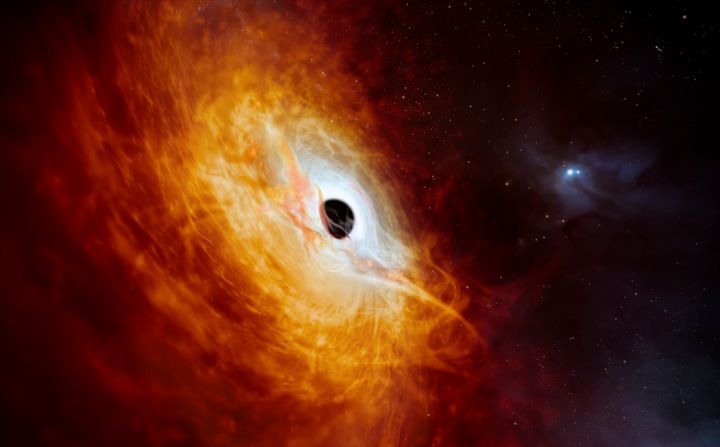 An illustration depicting the record-breaking quasar J059-4351, the bright core of a distant galaxy that is powered by a supermassive black hole.