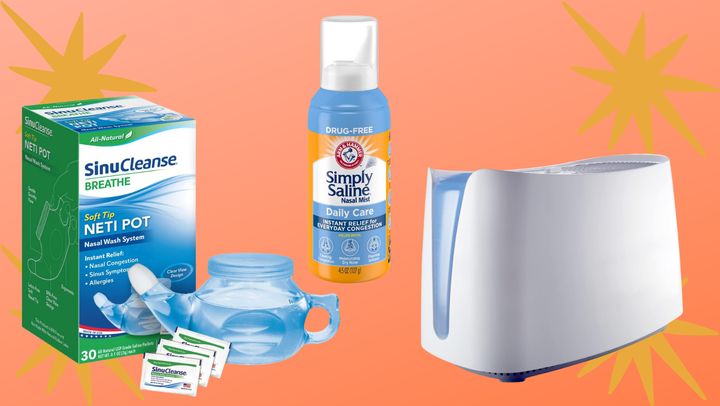 A SinuCleanse Breathe neti pot, Arm & Hammer Simply Saline nasal rinse and a Honeywell humidifier.
