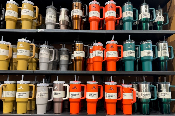 Stanley tumblers are displayed on a shelf at a Dick's Sporting Goods store in Daly City, California.