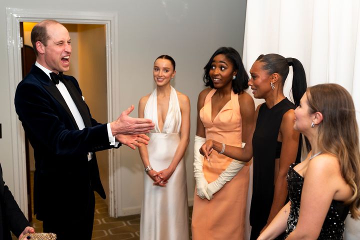 Prince William, Phoebe Dynevor, Ayo Edebiri, Sophie Wilde and Mia McKenna-Bruce backstage at the Baftas on Sunday evening.