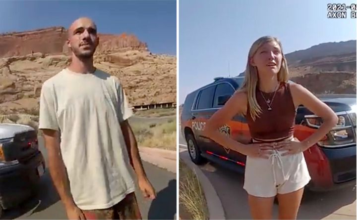 In these images taken from police body camera video, Gabrielle "Gabby" Petito and Brian Laundrie speak with police after being pulled over near the entrance to Arches National Park on Aug. 12, 2021.