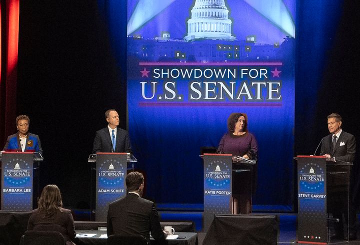 Candidates (from left) Democratic Reps. Barbara Lee, Adam Schiff and Katie Porter, and former baseball player Steve Garvey, stand on stage during an earlier televised debate for candidates in the Senate race to succeed the late California Sen. Dianne Feinstein.