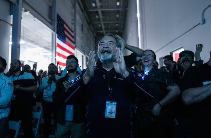 HOUSTON, TEXAS - FEBRUARY 22: Main Engine Control Computer designer for Intuitive Machines Dan Harrison cheers amongst fellow employees during a watch party moments after they became the first commercial company to softly land on the moon on Thursday, Feb. 22, 2024, in Houston. (Raquel Natalicchio/Houston Chronicle via Getty Images)