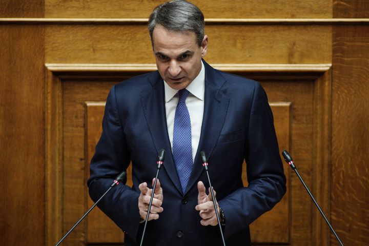 Greek Prime Minister Kyriakos Mitsotakis delivers his speech during a discussion in parliament regarding a proposed bill about same-sex marriage on Feb. 15, 2024.