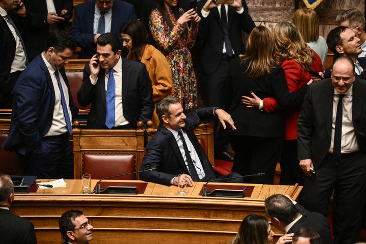 Prime Minister Kyriakos Mitsotakis attends the parliamentary vote on same-sex marriage in Athens, on Feb. 15, 2024. 