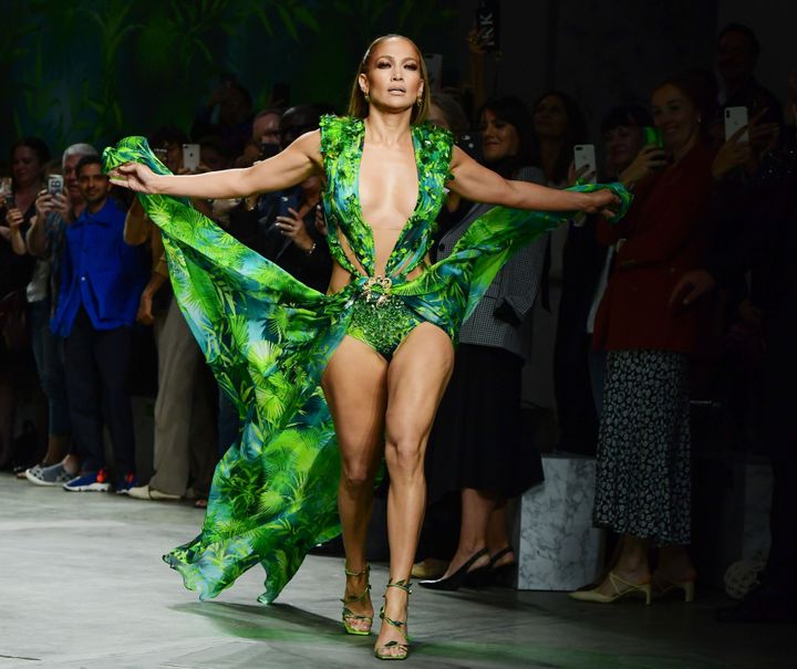 Lopez presents a creation for Versace's Women's Spring Summer 2020 collection in Milan on Sept. 20, 2019. 
