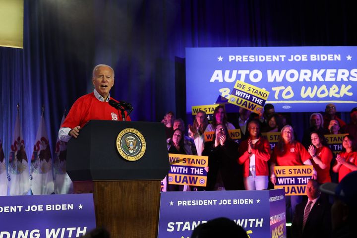 President Joe Biden speaks at the Community Building Complex of Boone County in Belvidere, Illinois, to herald the United Auto Workers contract agreement with Stellantis on Nov. 9, 2023.