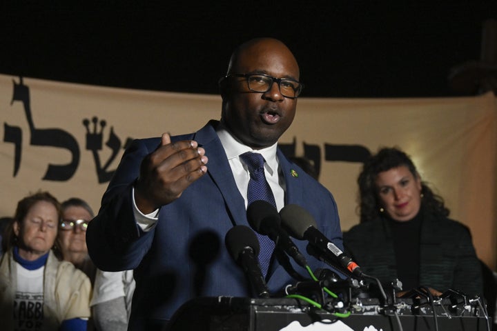 Rep. Jamaal Bowman (D-N.Y.) speaks at a mid-November rally for a ceasefire in the Israel-Hamas war in Gaza. He condemned Hamas' brutal terror attack on Oct. 7.