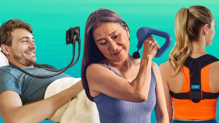 Neck phone holder, posture-correcting braces and handheld massage guns can help improve poor posture, according to experts.
