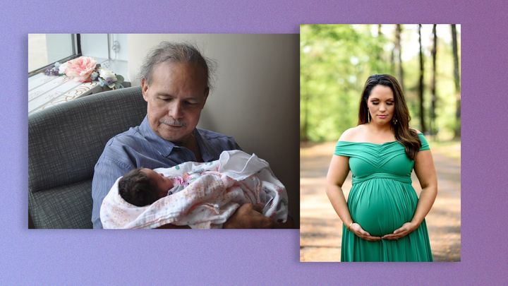 Left: Brittany Stuart's father meeting his granddaughter. Right: Stuart during her pregnancy.