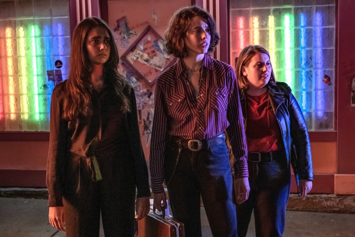 From left: Geraldine Viswanathan, Margaret Qualley and Beanie Feldstein star in "Drive-Away Dolls."