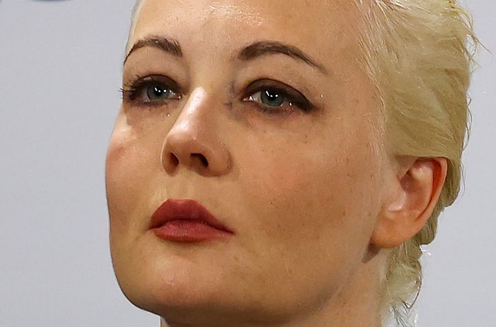 Yulia Navalnaya, wife of Russian opposition leader Alexei Navalny, reacts as she speaks during the Munich Security Conference, in Munich, Germany, Friday, Feb. 16, 2024. (Kai Pfaffenbach/Pool Photo via AP)