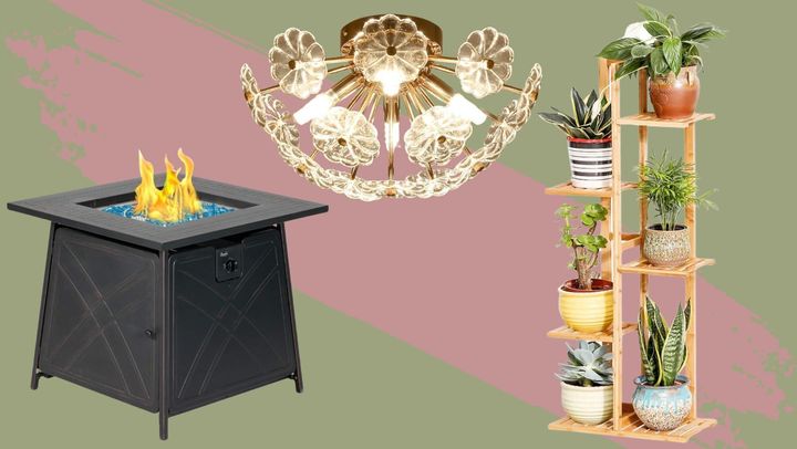 An outdoor gas fire pit, a crystal light fixture and a plant shelf. 