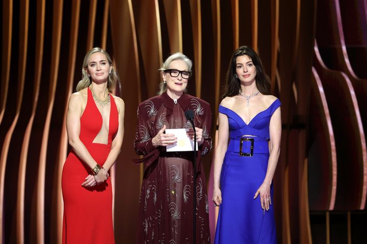Emily Blunt, Meryl Streep and Anne Hathaway speak onstage during the 30th Annual Screen Actors Guild Awards Saturday.