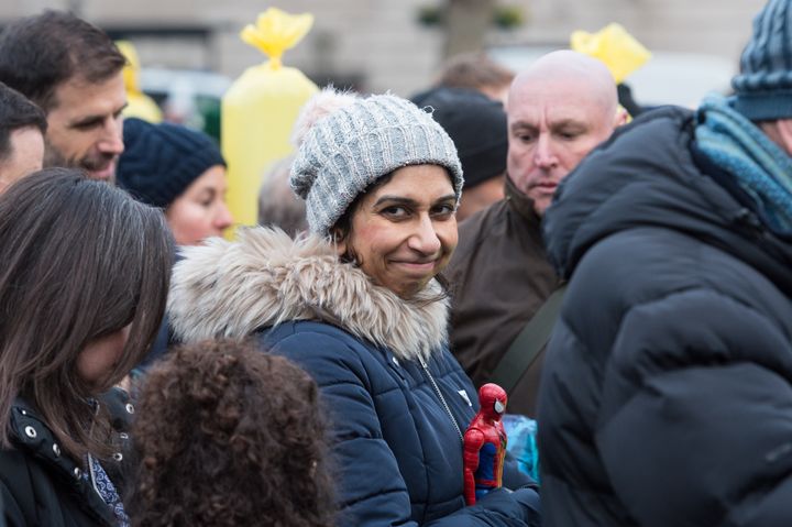 LONDON, UNITED KINGDOM - JANUARY 14, 2024: Former Secretary of State for the Home Department Suella Braverman joins thousands of people in Trafalgar Square during a rally in solidarity with Israel, marking 100 days since Hamas attack on October 7 and to call for an immediate release of all hostages in London, United Kingdom on January 14, 2024. (Photo credit should read Wiktor Szymanowicz/Future Publishing via Getty Images)
