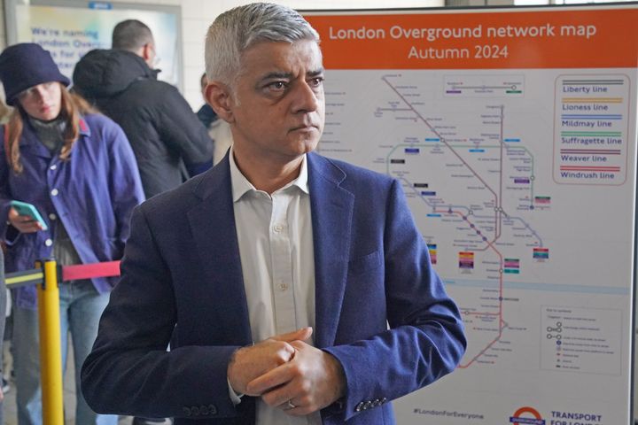 Mayor of London Sadiq Khan during a visit to Highbury and Islington underground station, north London, to announce that London Overground services will be split into separate lines, which will be given individual names and colours to make the network easier to navigate. The six lines will be named Lioness, Mildmay, Windrush, Weaver, Suffragette and Liberty. Picture date: Thursday February 15, 2024. (Photo by Jonathan Brady/PA Images via Getty Images)