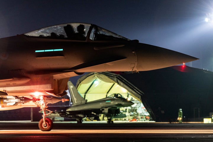 A handout picture released by the British Ministry of Defence (MOD) shows RAF Typhoon FGR4 and RAF Voyager taking off from RAF Akrotiri in Cyprus, to strike military targets in Yemen on February 24, 2024. U.S. and British forces carried out a fresh wave of strikes Saturday against 18 Houthi targets in Yemen, following weeks of attacks on Red Sea shipping by the Iran-backed rebels.