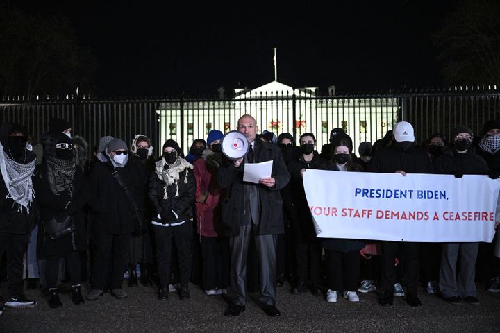 Former State Department official and activist Paul, who resigned over the Biden administration's approach to Israel's offensive in Gaza, speaks during a demonstration calling for a cease-fire in front of the White House in Washington, D.C., on Dec. 13.