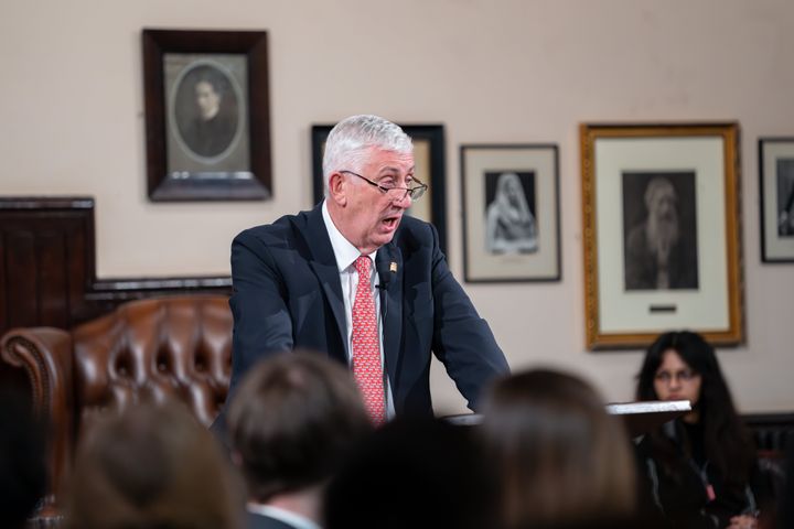 CAMBRIDGE, CAMBRIDGESHIRE - FEBRUARY 23: Sir Lindsay Hoyle, Speaker of the House of Commons, speaks at The Cambridge Union on February 23, 2024 in Cambridge, England. (Photo by Nordin Catic/Getty Images for The Cambridge Union)