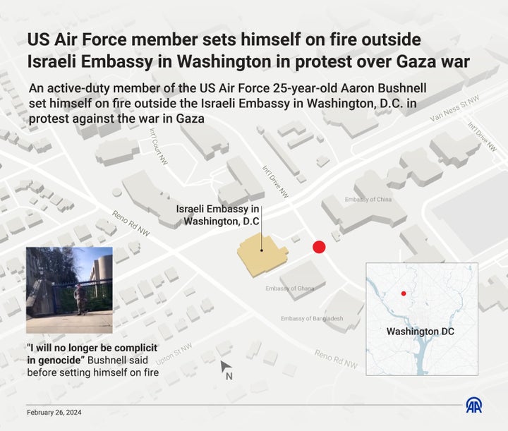 An infographic showing where Bushnell's self-immolation took place.