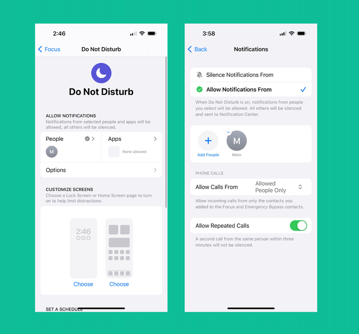 On an iPhone to the Focus settings to enable Do Not Disturb.
