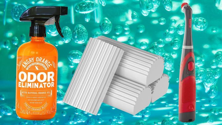A pet odor-eliminating spray, a pack of duster sponges and an electric power scrubber.