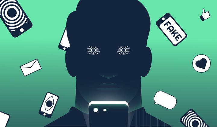 Man hypnotized by his smartphone. Fake news, manipulation, internet addiction concept. Vector illustration.