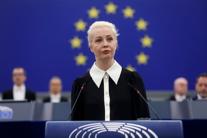 Yulia Navalnaya, widow of Russian opposition leader Alexei Navalny addresses the European Union's parliament on Feb. 28, 2024 in Strasbourg, eastern France.