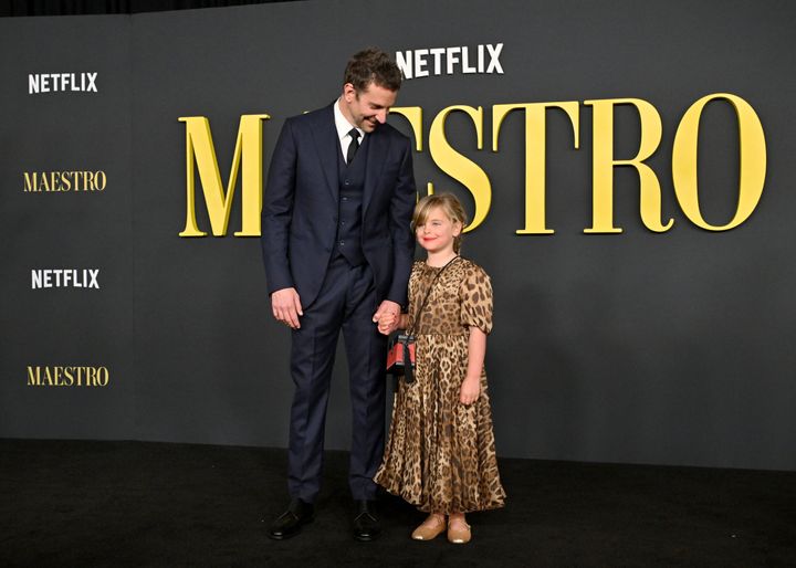 Cooper and his daughter, Lea De Seine Shayk Cooper, attend Netflix's "Maestro" on Dec.12, 2023, in Los Angeles.