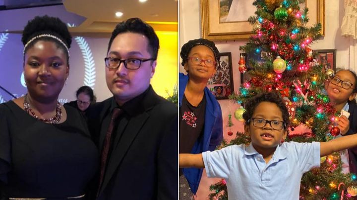 Britni McLaughlin-Le and Xuoug Le in a photo from 2018, and their three children in 2019, via Facebook.