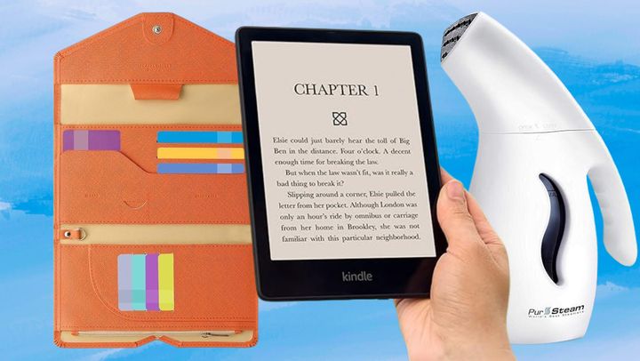 A trifold travel wallet, the Kindle Paperwhite and a mini travel steamer from Amazon.