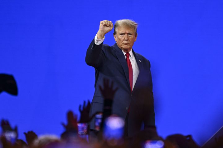 MARYLAND, UNITED STATES - FEBRUARY 24: Former US President Donald Trump makes a speech as he attends the 2024 Conservative Political Action Conference (CPAC) at the Gaylord National Resort and Convention Center in National Harbor, Maryland, United States on February 24, 2024. (Photo by Celal Gunes/Anadolu via Getty Images)