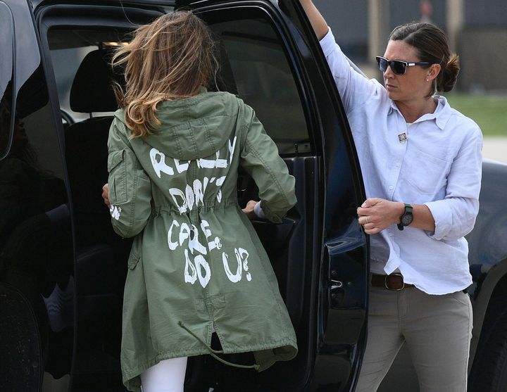 Then-first lady Melania Trump departs Andrews Air Force Base in Maryland on June 21, 2018, wearing a jacket emblazoned with the words, "I really don't care, do you?" following her surprise visit with child migrants on the U.S.-Mexico border.