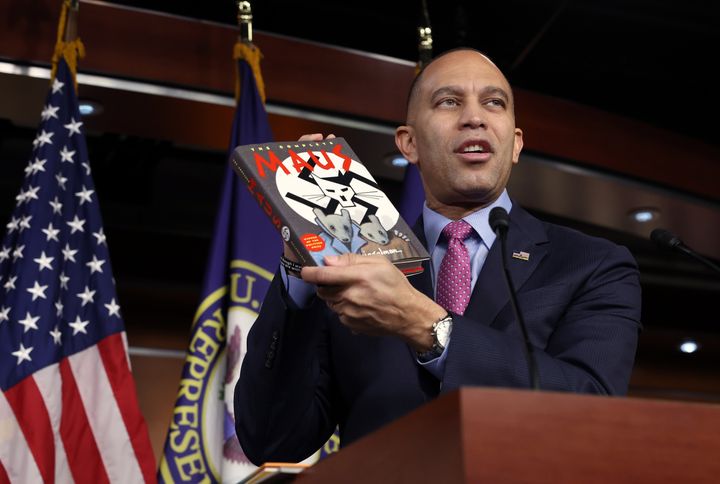 At a press conference last year, House Democratic Leader Hakeem Jeffries spoke out against the Parents Bill of Rights Act and the banning and censorship of books in schools. He held up a copy of author Art Spiegelman's banned children's book, "Maus," which is also discussed in "The ABCs of Book Banning."