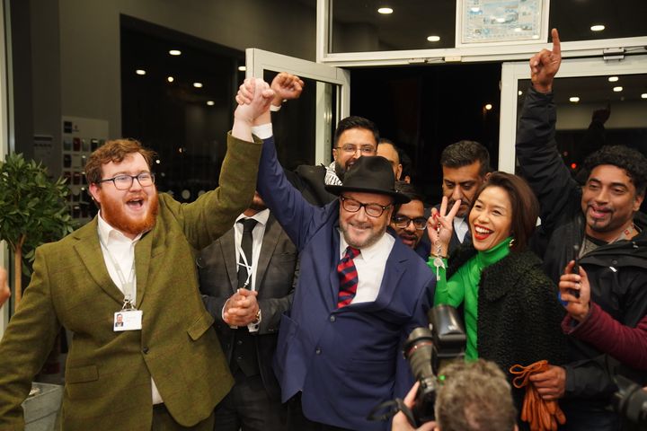 George Galloway holds a rally at his headquarters after being declared the winner of the Rochdale by-election.