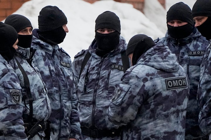 Riot police officers guard the area near the Church of the Icon of the Mother of God Soothe My Sorrows, in Moscow, Russia,on March 1, 2024.