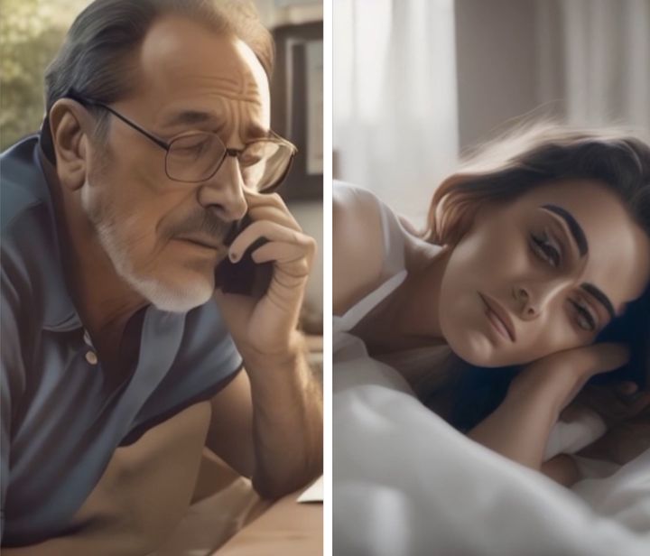 Stills from the AI-generated short film the author created. "I thought these looked a lot like me and my Dad, even though I didn’t feed the generator any images of us," she writes.