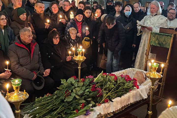 Relatives and friends pay their last respects at the coffin of Russian opposition leader Alexei Navalny in the Church of the Icon of the Mother of God Soothe My Sorrows, in Moscow, Russia, on March 1, 2024. 