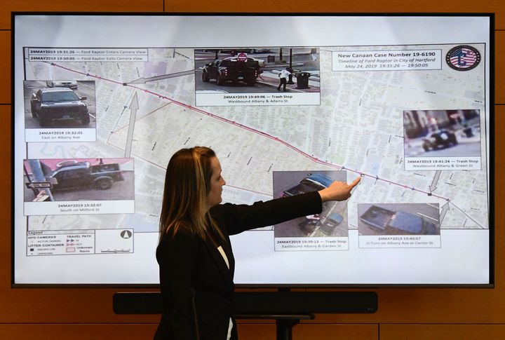 At Michelle Troconis' trial on Jan. 23, Krista O'Reilly, a crime analyst with the Hartford Police Department, points at a map showing where investigators said surveillance cameras captured Fotis Dulos and Troconis driving in Hartford on the evening of Jennifer Dulos' disappearance.