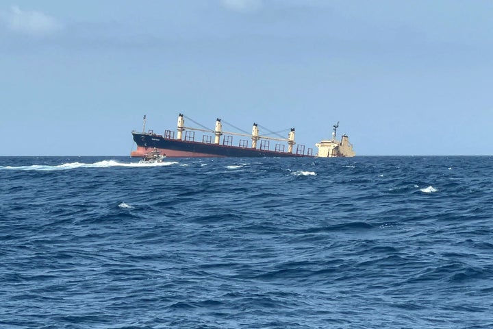 This picture taken on February 27, 2024 shows the Rubymar cargo ship sinking off the coast of Yemen. (Photo by AFP via Getty Images)