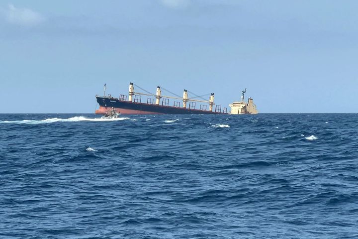 This picture taken on February 27, 2024 shows the Rubymar cargo ship sinking off the coast of Yemen. (Photo by AFP via Getty Images)